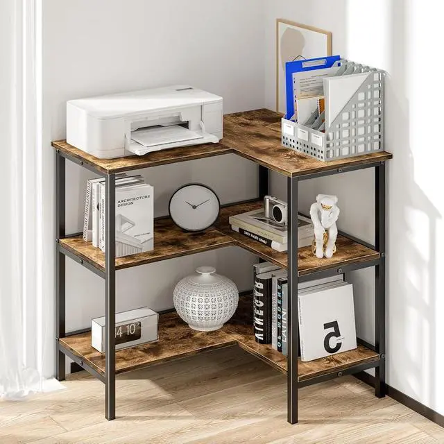 Alt view image 3 of 7 - L-Shaped Corner Storage Stand 3 Tier Open Shelf, Metal Frame & Engineered Wood Organizer for Home Office Kitchen Living Room, Brown