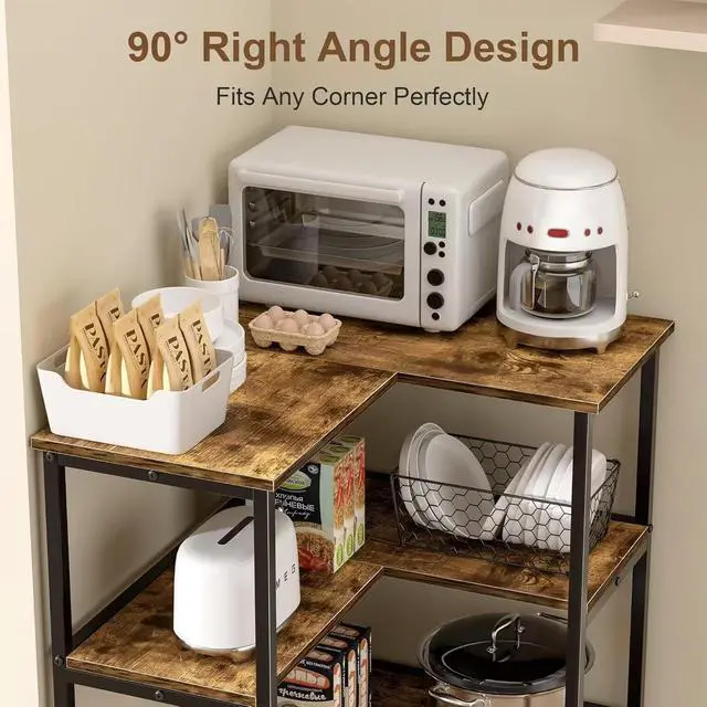 Alt view image 4 of 7 - L-Shaped Corner Storage Stand 3 Tier Open Shelf, Metal Frame & Engineered Wood Organizer for Home Office Kitchen Living Room, Brown