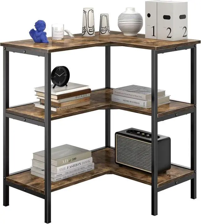 Alt view image 7 of 7 - L-Shaped Corner Storage Stand 3 Tier Open Shelf, Metal Frame & Engineered Wood Organizer for Home Office Kitchen Living Room, Brown