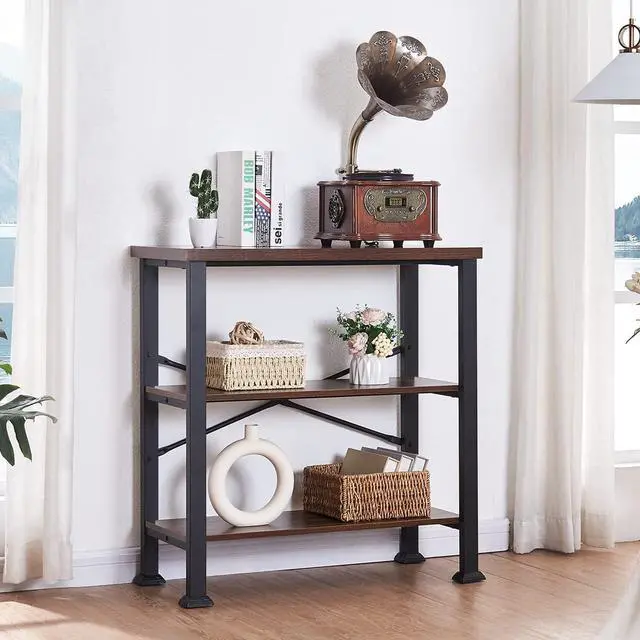 Alt view image 3 of 7 - 3 Tier Industrial Bookshelf, 31.5 Inch Wide Rustic Brown Open Storage Shelf, Sturdy Metal Frame Bookcase with Adjustable Feet, Multipurpose Display Shelf for Living Room Bedroom Office