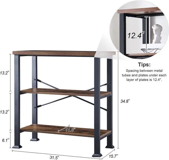Alt view image 2 of 7 - 3 Tier Industrial Bookshelf, 31.5 Inch Wide Rustic Brown Open Storage Shelf, Sturdy Metal Frame Bookcase with Adjustable Feet, Multipurpose Display Shelf for Living Room Bedroom Office
