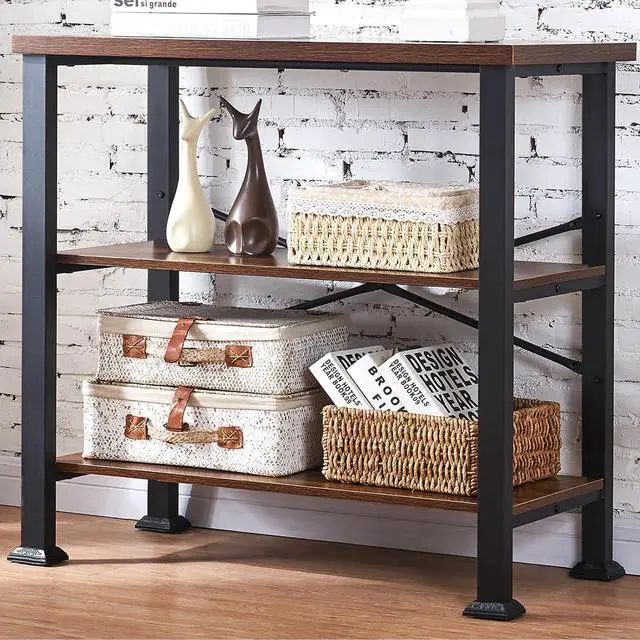 Main image of 3 Tier Industrial Bookshelf, 31.5 Inch Wide Rustic Brown Open Storage Shelf, Sturdy Metal Frame Bookcase with Adjustable Feet, Multipurpose Display Shelf for Living Room Bedroom Office