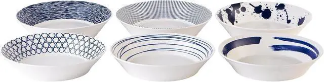Main image of 6-Piece Porcelain Pasta Bowls Set, 22cm Blue White Mixed Coastal Pattern Serving Bowls, Microwave Dishwasher Oven Safe Reusable Ceramic Bowl Set for Pasta Grains Daily Dining