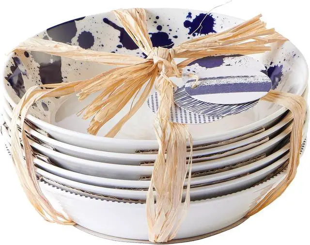 Alt view image 2 of 6 - 6-Piece Porcelain Pasta Bowls Set, 22cm Blue White Mixed Coastal Pattern Serving Bowls, Microwave Dishwasher Oven Safe Reusable Ceramic Bowl Set for Pasta Grains Daily Dining