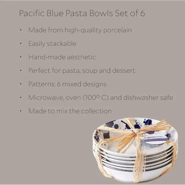 Alt view image 3 of 6 - 6-Piece Porcelain Pasta Bowls Set, 22cm Blue White Mixed Coastal Pattern Serving Bowls, Microwave Dishwasher Oven Safe Reusable Ceramic Bowl Set for Pasta Grains Daily Dining
