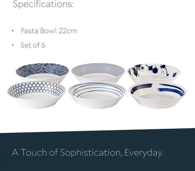 Alt view image 5 of 6 - 6-Piece Porcelain Pasta Bowls Set, 22cm Blue White Mixed Coastal Pattern Serving Bowls, Microwave Dishwasher Oven Safe Reusable Ceramic Bowl Set for Pasta Grains Daily Dining