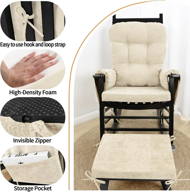 Alt view image 3 of 7 - 5 Piece Chenille Glider Rocker Replacement Cushion Set, Thick Foam Support Cushions with Storage Pocket, Non Slip Washable Full Set for Nursery Living Room
