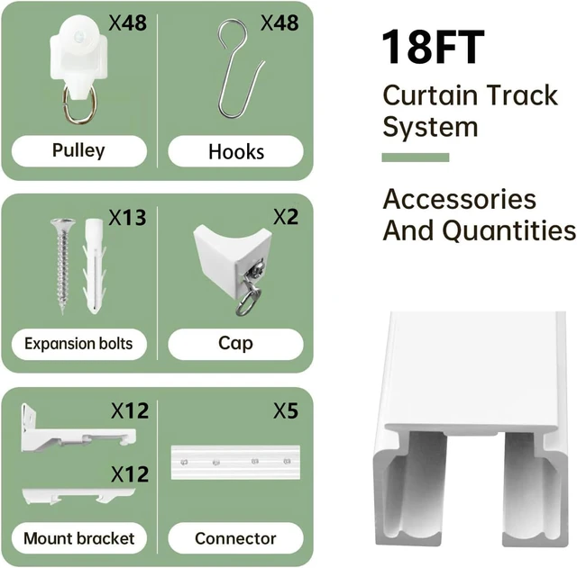 Alt view image 3 of 6 - 18 FT White Aluminum Alloy Curtain Track, Ceiling & Wall Mount Silent Sliding Rail, Heavy Duty Anti-Corrosion Flexible Room Divider Track with Hooks for Indoor Outdoor Use