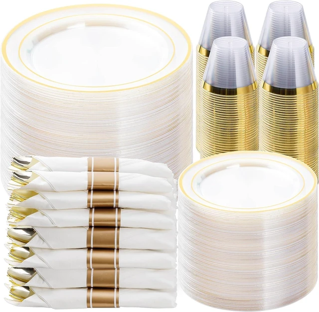 Main image of 700PCS Clear Gold Rim Disposable Dinnerware Set, BPA Free Heavy Duty Plastic Plates Cups Pre Rolled Napkins Silverware for 100 Guests, Party Table Supplies for Wedding Birthday Banquet