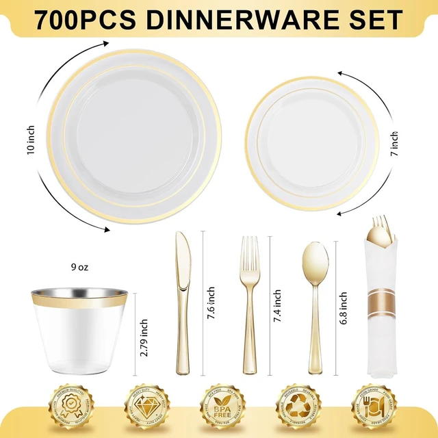 Alt view image 2 of 6 - 700PCS Clear Gold Rim Disposable Dinnerware Set, BPA Free Heavy Duty Plastic Plates Cups Pre Rolled Napkins Silverware for 100 Guests, Party Table Supplies for Wedding Birthday Banquet