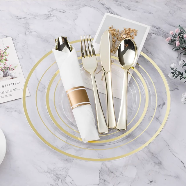 Alt view image 3 of 6 - 700PCS Clear Gold Rim Disposable Dinnerware Set, BPA Free Heavy Duty Plastic Plates Cups Pre Rolled Napkins Silverware for 100 Guests, Party Table Supplies for Wedding Birthday Banquet
