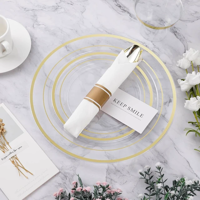 Alt view image 4 of 6 - 700PCS Clear Gold Rim Disposable Dinnerware Set, BPA Free Heavy Duty Plastic Plates Cups Pre Rolled Napkins Silverware for 100 Guests, Party Table Supplies for Wedding Birthday Banquet