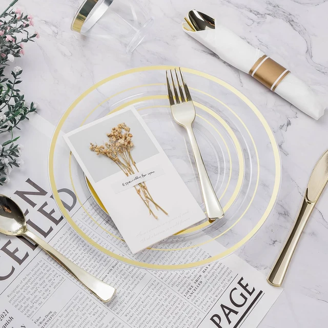 Alt view image 5 of 6 - 700PCS Clear Gold Rim Disposable Dinnerware Set, BPA Free Heavy Duty Plastic Plates Cups Pre Rolled Napkins Silverware for 100 Guests, Party Table Supplies for Wedding Birthday Banquet