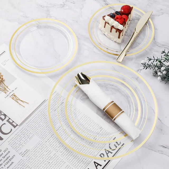 Alt view image 6 of 6 - 700PCS Clear Gold Rim Disposable Dinnerware Set, BPA Free Heavy Duty Plastic Plates Cups Pre Rolled Napkins Silverware for 100 Guests, Party Table Supplies for Wedding Birthday Banquet