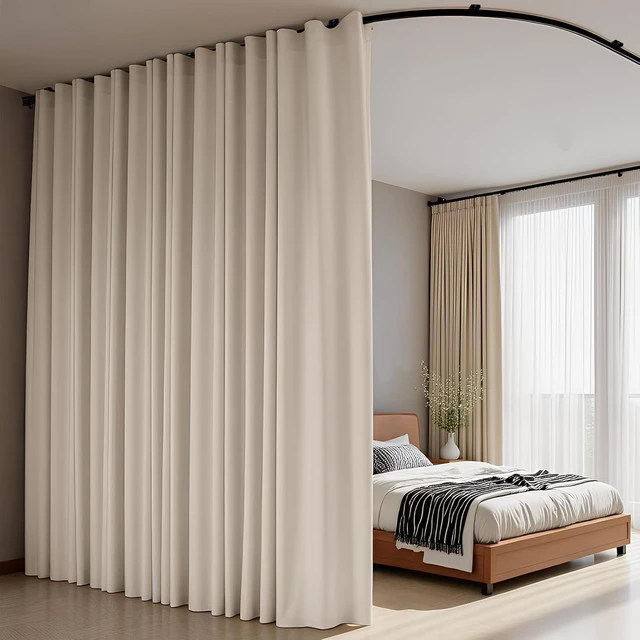 Alt view image 5 of 6 - 150 x 96 Inch Blackout Room Divider Curtain Set, Flexible Bendable Ceiling Track Privacy Partition, Adjustable Light Control Washable Fabric Space Separator for Bedroom Living Room Office, Beige