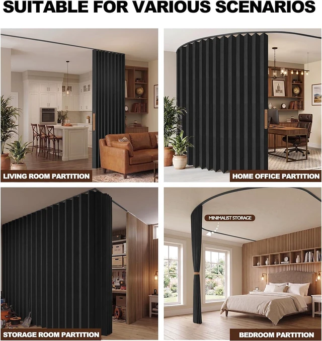 Alt view image 2 of 7 - 100% Light Blocking Accordion Room Divider, Foldable Partition Curtain with Flexible Curved Ceiling Track, Easy Install Space Saving Privacy Screen for Bedroom Living Room Office, Black 100 x 96 Inch