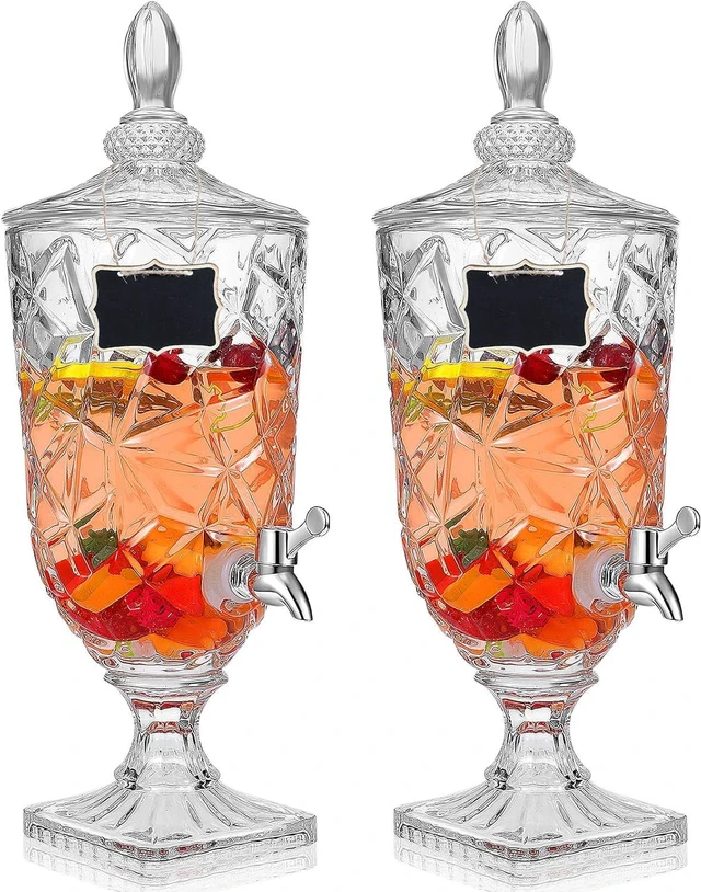 Main image of 2 Pack 1.3 Gallon Clear Glass Drink Dispensers with Spigot, Vintage Crystal Beverage Server with Chalkboard Signs, Reusable Large Capacity Water Juice Drink Container for Home Bar Wedding Party Buffet
