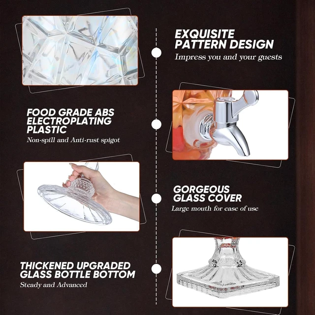 Alt view image 4 of 6 - 2 Pack 1.3 Gallon Clear Glass Drink Dispensers with Spigot, Vintage Crystal Beverage Server with Chalkboard Signs, Reusable Large Capacity Water Juice Drink Container for Home Bar Wedding Party Buffet