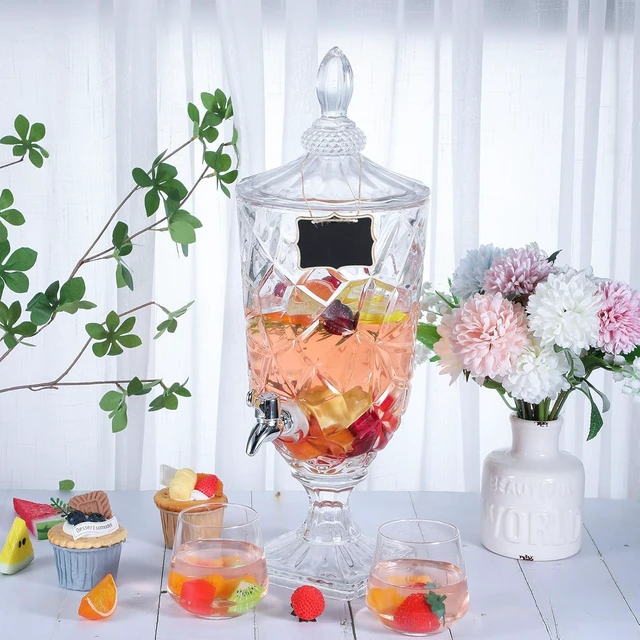 Alt view image 5 of 6 - 2 Pack 1.3 Gallon Clear Glass Drink Dispensers with Spigot, Vintage Crystal Beverage Server with Chalkboard Signs, Reusable Large Capacity Water Juice Drink Container for Home Bar Wedding Party Buffet