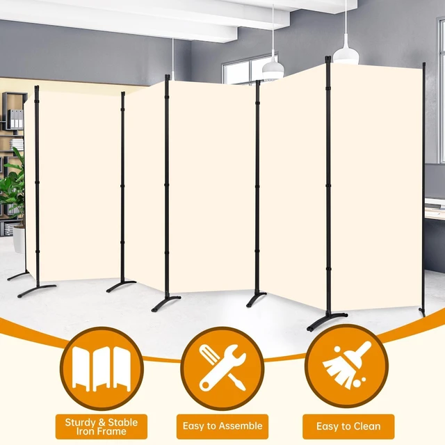 Alt view image 3 of 6 - 6 Panel 6FT Folding Privacy Screen, 204 x 71 Inch Freestanding Room Divider, Powder Coated Metal Frame, Wide Curved Stable Base, Waterproof PE Fabric Partition for Home Office Classroom Garage, Beige