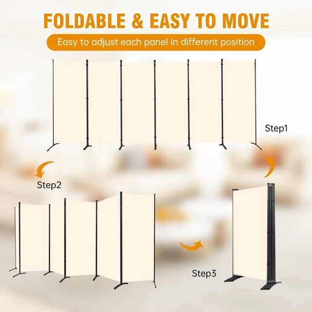 Alt view image 4 of 6 - 6 Panel 6FT Folding Privacy Screen, 204 x 71 Inch Freestanding Room Divider, Powder Coated Metal Frame, Wide Curved Stable Base, Waterproof PE Fabric Partition for Home Office Classroom Garage, Beige