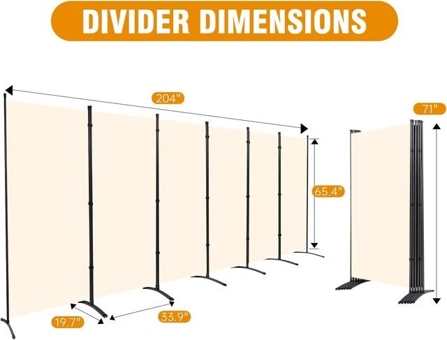 Alt view image 5 of 6 - 6 Panel 6FT Folding Privacy Screen, 204 x 71 Inch Freestanding Room Divider, Powder Coated Metal Frame, Wide Curved Stable Base, Waterproof PE Fabric Partition for Home Office Classroom Garage, Beige
