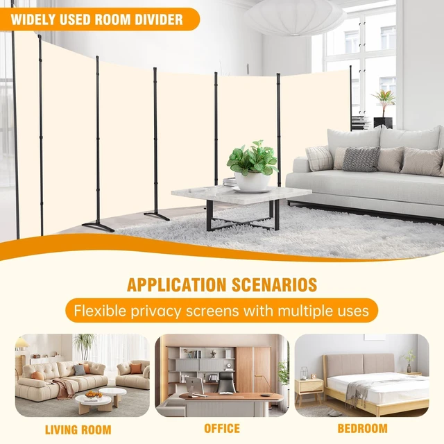 Alt view image 6 of 6 - 6 Panel 6FT Folding Privacy Screen, 204 x 71 Inch Freestanding Room Divider, Powder Coated Metal Frame, Wide Curved Stable Base, Waterproof PE Fabric Partition for Home Office Classroom Garage, Beige