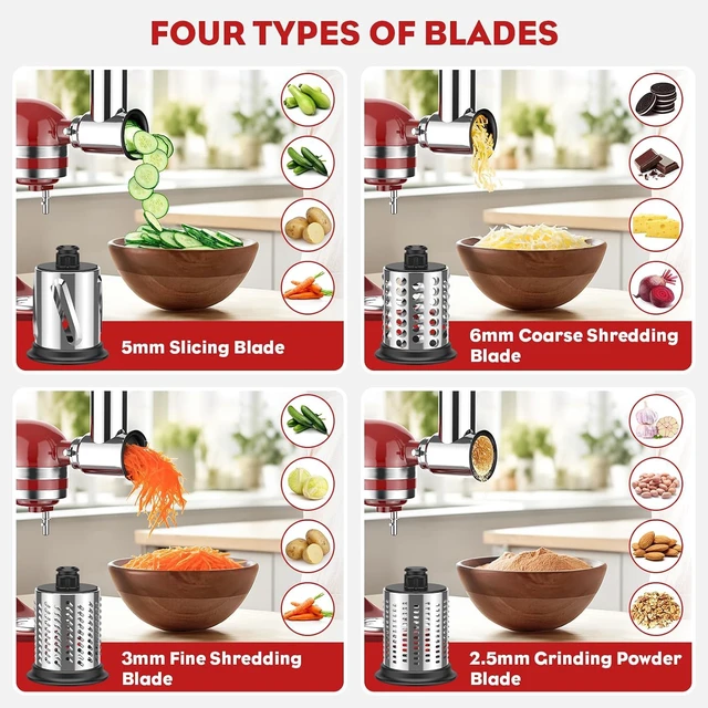 Alt view image 4 of 7 - 2-in-1 Stand Mixer Attachment Set, Food Grade Metal Meat Grinder with Sausage Stuffer Tubes and Stainless Steel Slicer Shredder Grater, Multi Blades Kitchen Food Processing Accessories
