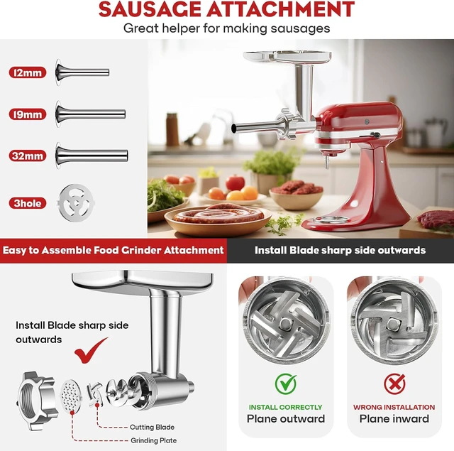 Alt view image 3 of 7 - 2-in-1 Stand Mixer Attachment Set, Food Grade Metal Meat Grinder with Sausage Stuffer Tubes and Stainless Steel Slicer Shredder Grater, Multi Blades Kitchen Food Processing Accessories