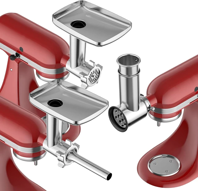 Alt view image 7 of 7 - 2-in-1 Stand Mixer Attachment Set, Food Grade Metal Meat Grinder with Sausage Stuffer Tubes and Stainless Steel Slicer Shredder Grater, Multi Blades Kitchen Food Processing Accessories
