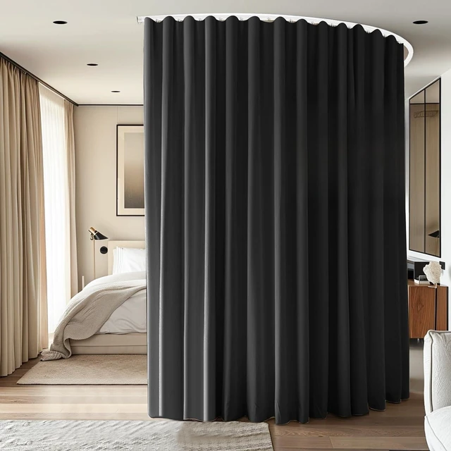 Main image of 15 x 10FT Ceiling Mounted Room Divider Curtain Set, Flexible Bendable Track, Blackout Noise Insulation Fabric Partition, Removable Privacy Screen for Bedroom Office Garage, Black White
