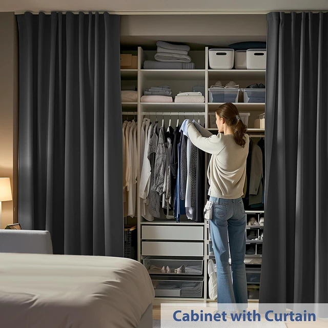 Alt view image 3 of 6 - 15 x 10FT Ceiling Mounted Room Divider Curtain Set, Flexible Bendable Track, Blackout Noise Insulation Fabric Partition, Removable Privacy Screen for Bedroom Office Garage, Black White