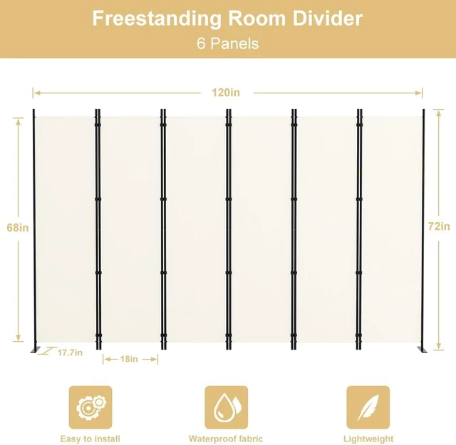 Alt view image 2 of 7 - 6 Panel 6FT Folding Privacy Screen, 120 x 72 Inch Freestanding Room Divider with Gap Cover Strips, Iron Frame UV Resistant Polyester Partition, Portable Temporary Wall for Home Office, Beige