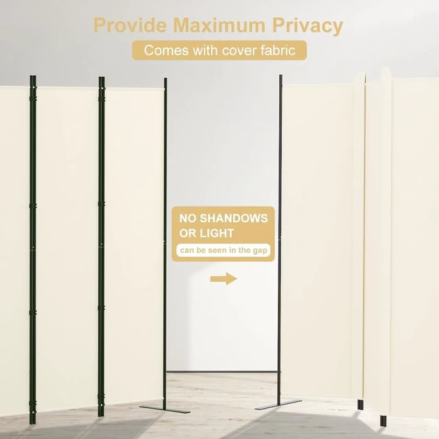 Alt view image 5 of 7 - 6 Panel 6FT Folding Privacy Screen, 120 x 72 Inch Freestanding Room Divider with Gap Cover Strips, Iron Frame UV Resistant Polyester Partition, Portable Temporary Wall for Home Office, Beige