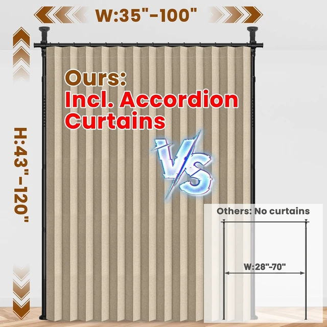 Alt view image 2 of 7 - 100% Blackout Room Divider Curtain, Sound Dampening No Drill Privacy Partition, Wrinkle Free Ceiling to Floor Temporary Wall for Office Dorm Apartment, Beige W100 x L96