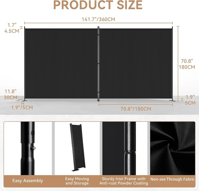 Alt view image 6 of 7 - 2 Panel 6 FT Folding Privacy Screen, 142 x 71 Inch Freestanding Room Divider, Powder Coated Metal Frame Polyester Fabric Portable Temporary Wall Partition for Bedroom Office Studio Dormitory, Black