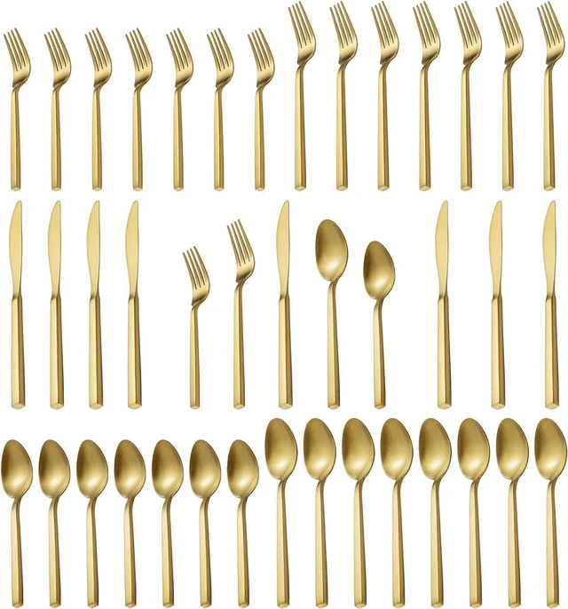 Main image of 40 Piece Matte Gold Forged Flatware Set, Service for 8, Stainless Steel Square Handle Cutlery Set, Dishwasher Safe Modern Tableware for Home Kitchen Restaurant Daily Dining and Events