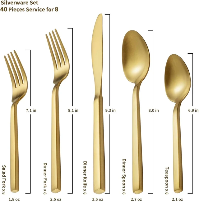 Alt view image 3 of 7 - 40 Piece Matte Gold Forged Flatware Set, Service for 8, Stainless Steel Square Handle Cutlery Set, Dishwasher Safe Modern Tableware for Home Kitchen Restaurant Daily Dining and Events