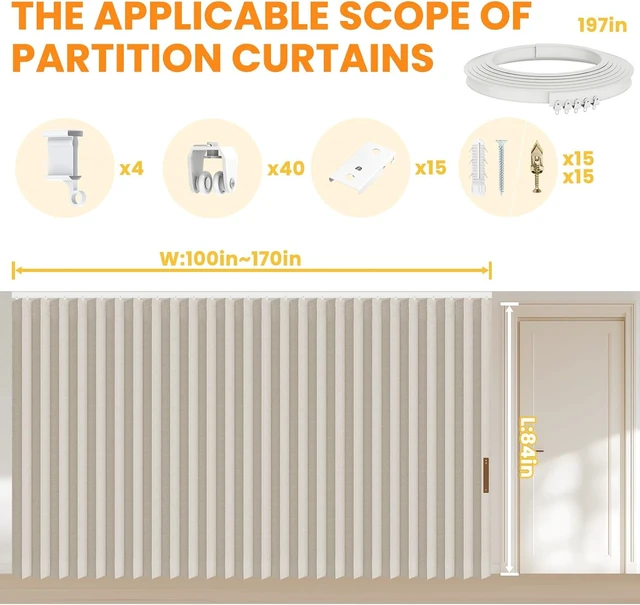 Alt view image 2 of 7 - 100% Blackout Room Divider Curtain, Noise Reducing Partition Screen with Bendable Ceiling Track, Adjustable Pleated Fabric Curtain for Doorway Glass Window Sliding Patio Door, Cream White, W180 x L84