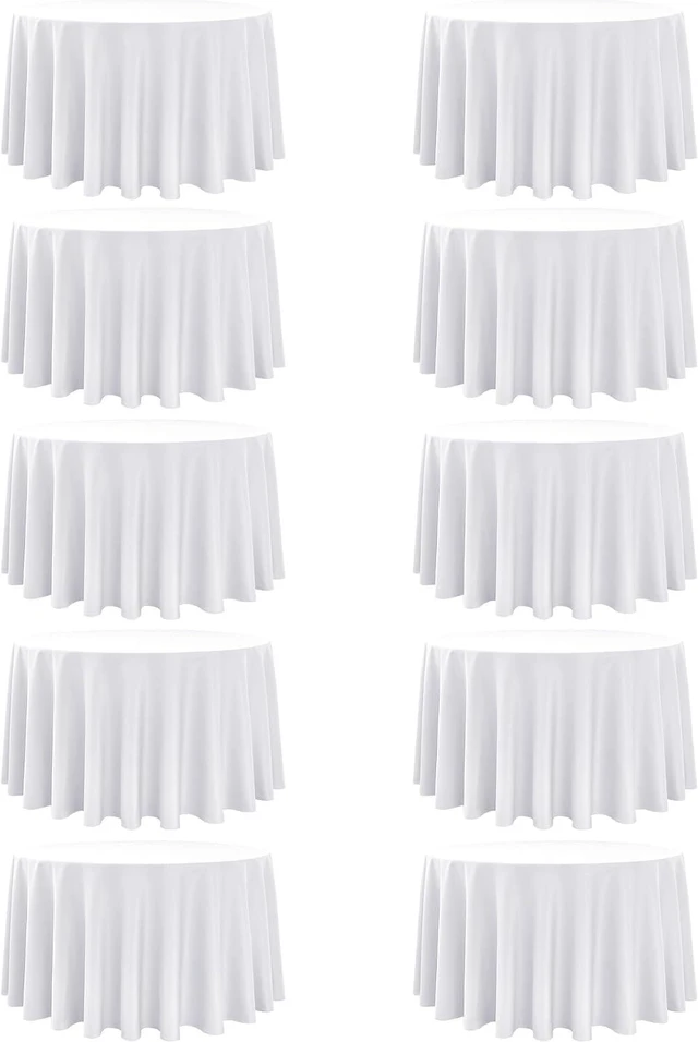 Main image of 10 Pack 108 Inch White Round Polyester Tablecloths, Stain and Wrinkle Resistant Washable Table Covers, Fitted Table Cloths for 4-5 FT Round Tables Wedding Banquet Birthday Party Events