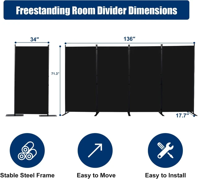 Alt view image 4 of 5 - 4 Panel 6 FT Folding Privacy Screen, 136 Inch Wide Freestanding Room Divider, Upgraded 240g Polyester Fabric Partition Screen with No Gaps, Stable Steel Frame Wall Divider for Home Office Classroom