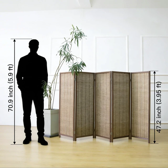 Alt view image 2 of 5 - 5 Panel 3.95 FT Bamboo Room Divider, Freestanding Foldable Partition Screen, Lightweight Pre-Assembled Half Wall Room Separator for Small Space Apartment Bedroom Study, Brown