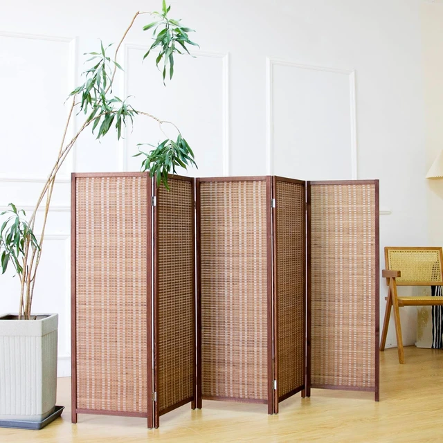 Alt view image 3 of 5 - 5 Panel 3.95 FT Bamboo Room Divider, Freestanding Foldable Partition Screen, Lightweight Pre-Assembled Half Wall Room Separator for Small Space Apartment Bedroom Study, Brown