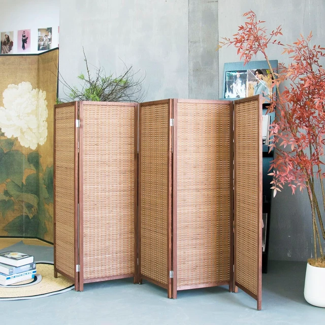 Alt view image 4 of 5 - 5 Panel 3.95 FT Bamboo Room Divider, Freestanding Foldable Partition Screen, Lightweight Pre-Assembled Half Wall Room Separator for Small Space Apartment Bedroom Study, Brown