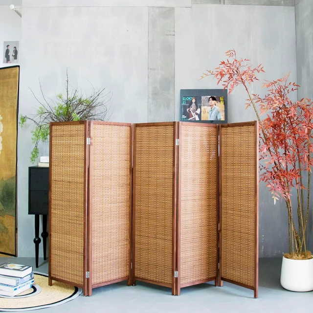 Alt view image 5 of 5 - 5 Panel 3.95 FT Bamboo Room Divider, Freestanding Foldable Partition Screen, Lightweight Pre-Assembled Half Wall Room Separator for Small Space Apartment Bedroom Study, Brown