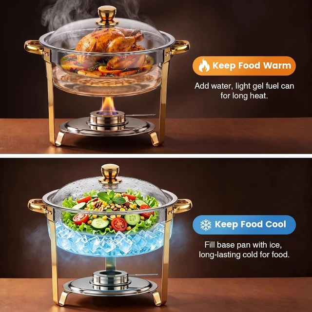 Alt view image 2 of 7 - 6QT Round Stainless Steel Chafing Dish Buffet Set with Serving Tongs, RolledEdge Food Warmers, Stackable Food Servers for Parties, Catering, Weddings and Dinner Events
