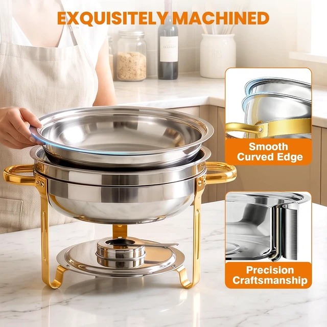 Alt view image 3 of 7 - 6QT Round Stainless Steel Chafing Dish Buffet Set with Serving Tongs, RolledEdge Food Warmers, Stackable Food Servers for Parties, Catering, Weddings and Dinner Events