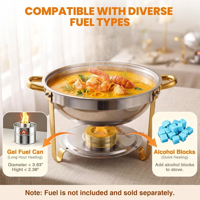 Alt view image 5 of 7 - 6QT Round Stainless Steel Chafing Dish Buffet Set with Serving Tongs, RolledEdge Food Warmers, Stackable Food Servers for Parties, Catering, Weddings and Dinner Events