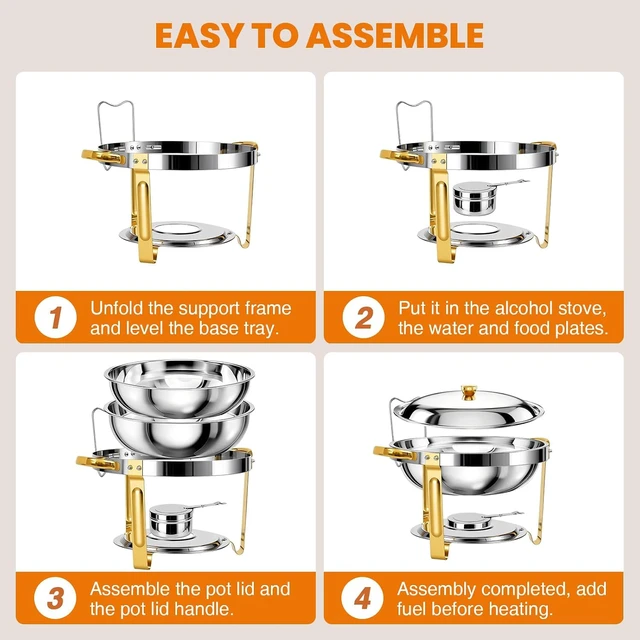 Alt view image 7 of 7 - 6QT Round Stainless Steel Chafing Dish Buffet Set with Serving Tongs, RolledEdge Food Warmers, Stackable Food Servers for Parties, Catering, Weddings and Dinner Events