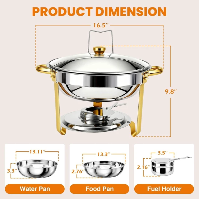 Alt view image 4 of 7 - 6QT Round Stainless Steel Chafing Dish Buffet Set with Serving Tongs, RolledEdge Food Warmers, Stackable Food Servers for Parties, Catering, Weddings and Dinner Events